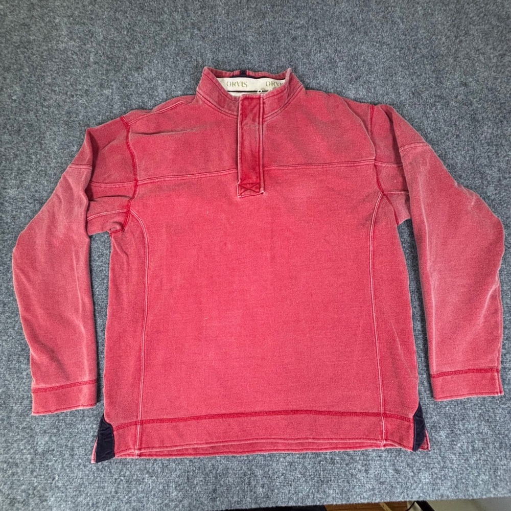 Orvis Mens Red Quarter Zip Cotton Pullover Sweater Size Large Mock Neck Snap